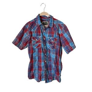 BKE Vintage 1967 Red Blue Plaid‎ Short Sleeve Western Pearl Snap Shirt Mens Sz M